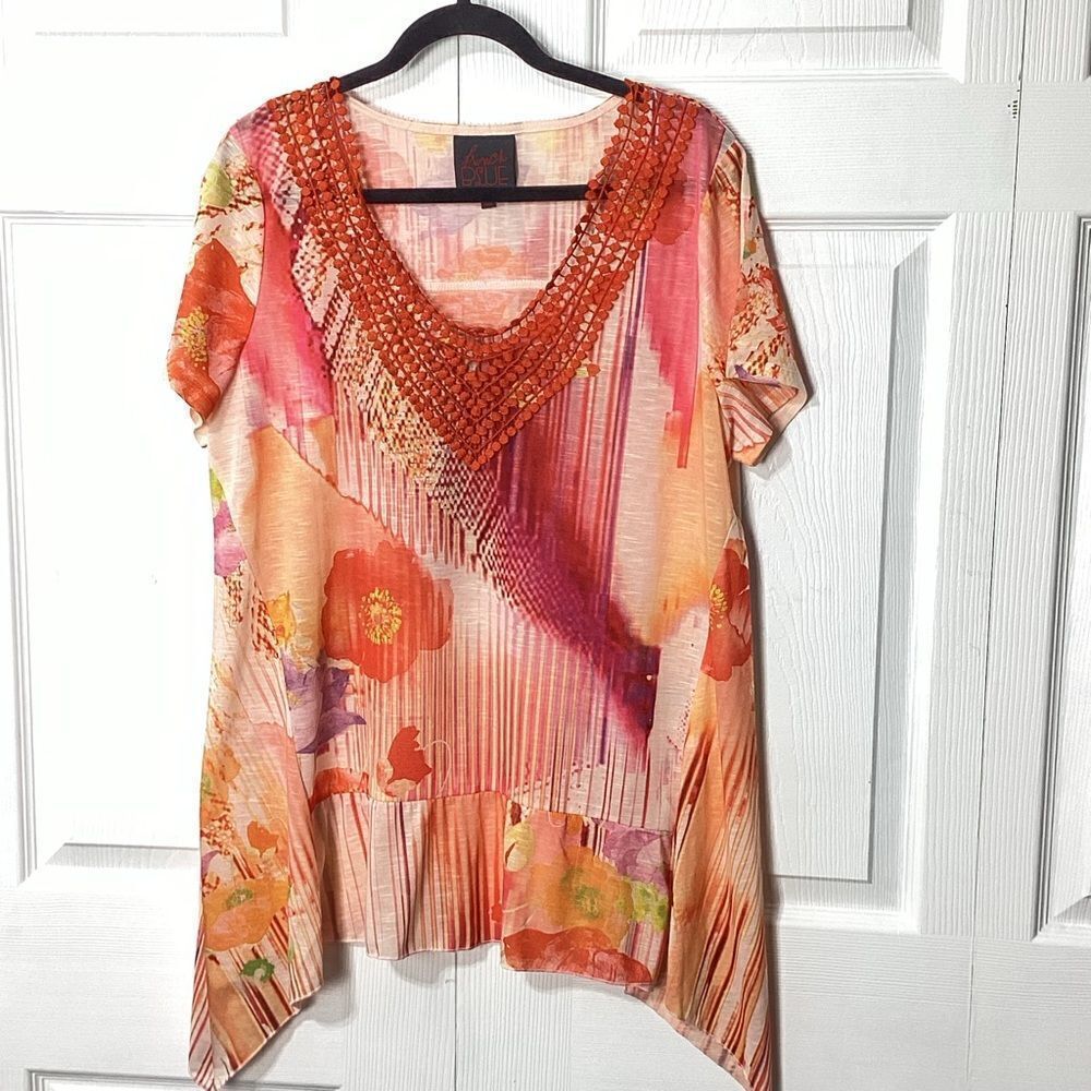 French Blue Brand Tunic Orange Floral Lightweight High Low Orange Crochet Front